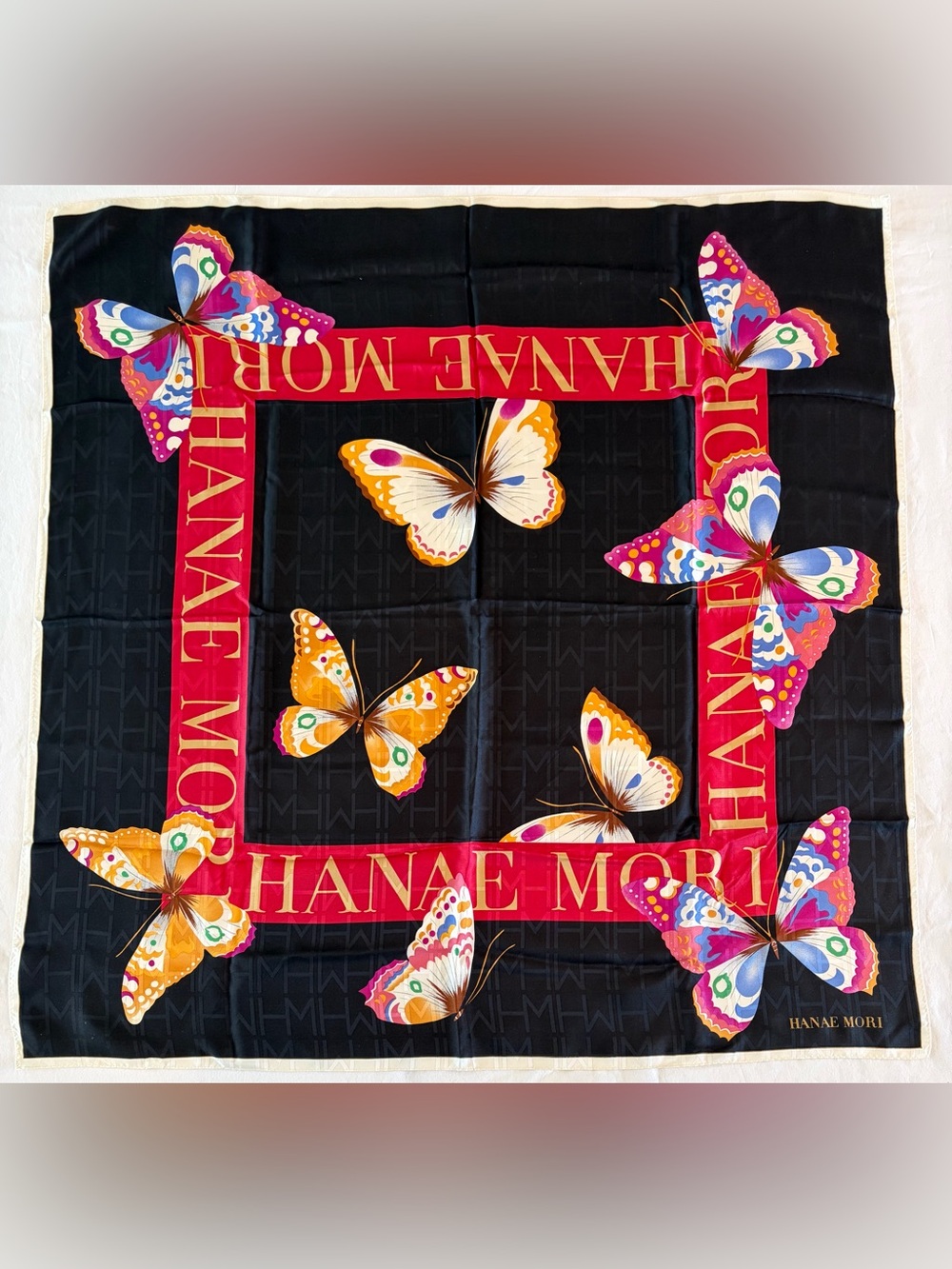 Hanae Mori Black Silk Scarf Vibrant Butterfly and Logo Border